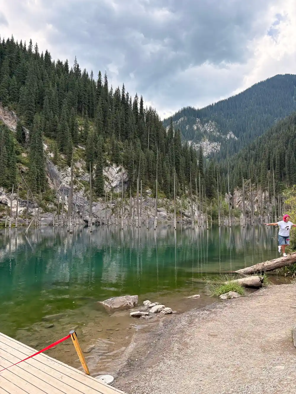 Alpine lake with coniferous forest and person at shoreline