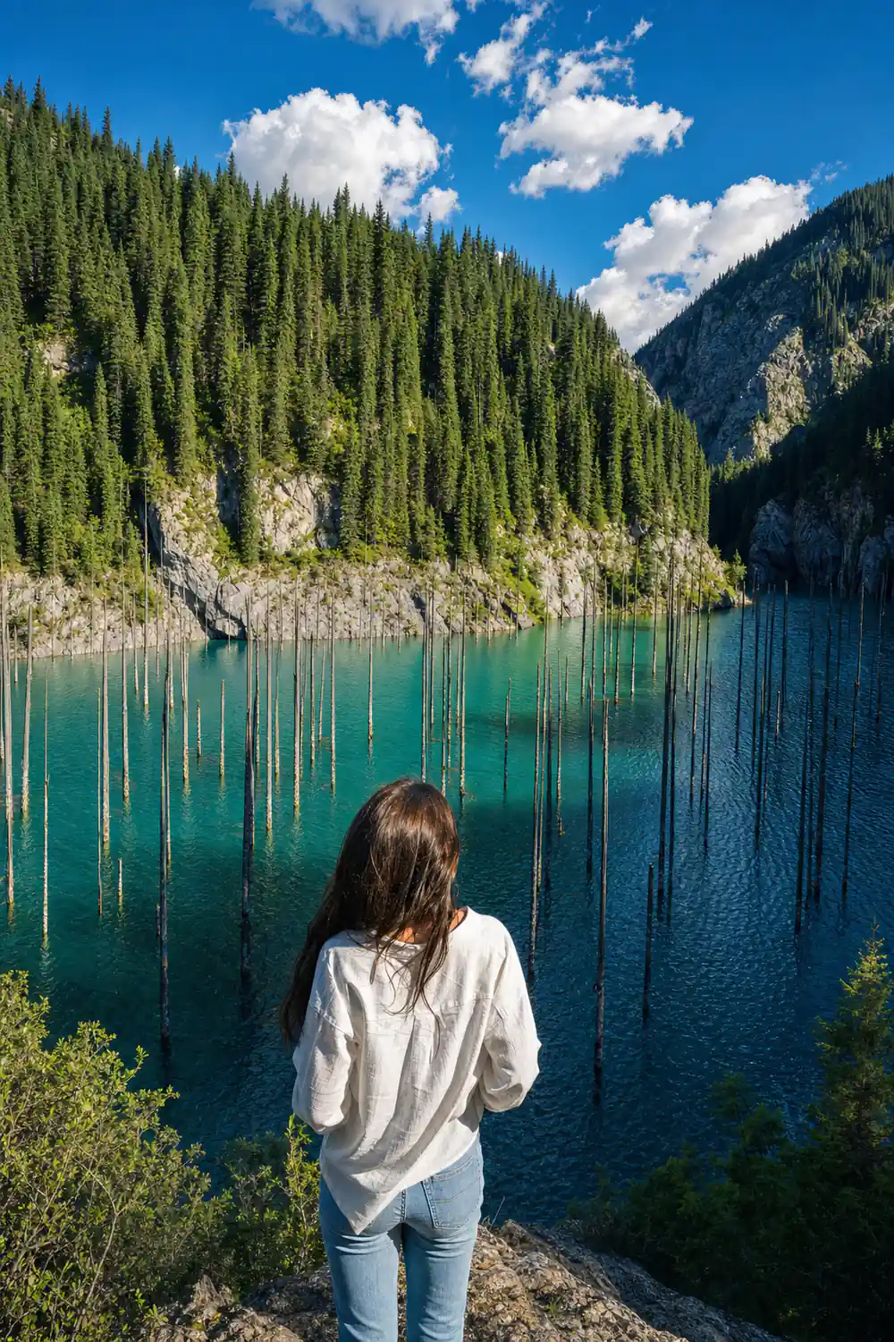 Alpine lake with dead tree stumps and mountain forest