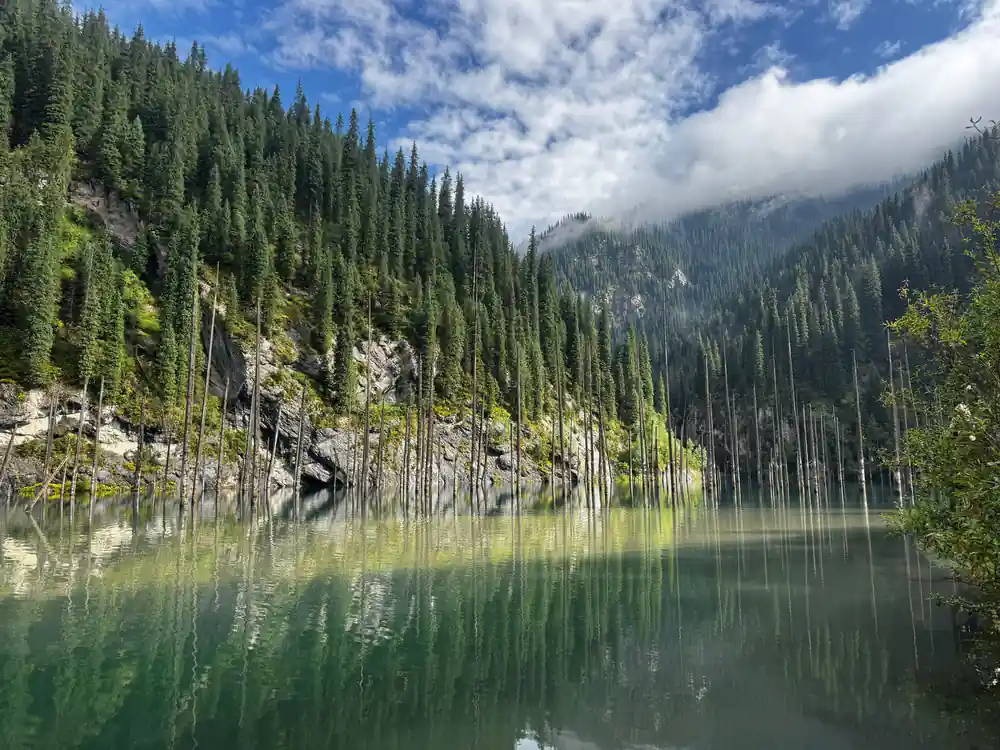 Alpine lake with mirrored forest reflection and rocky shore