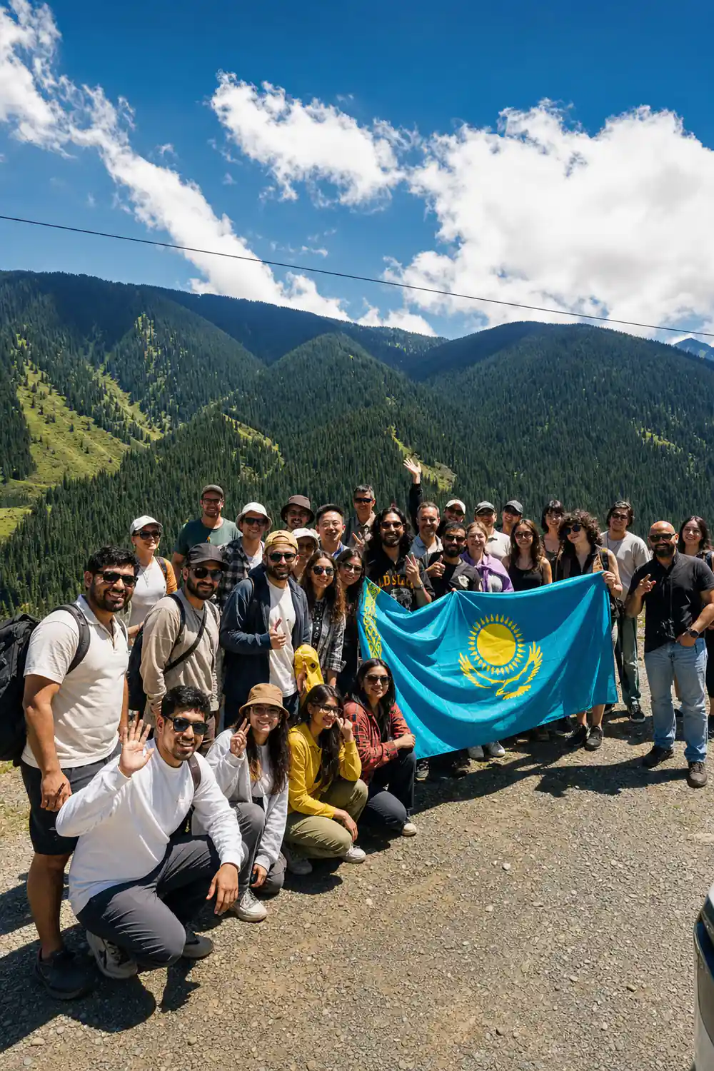 Large group of people with Kazakhstan flag near mountains