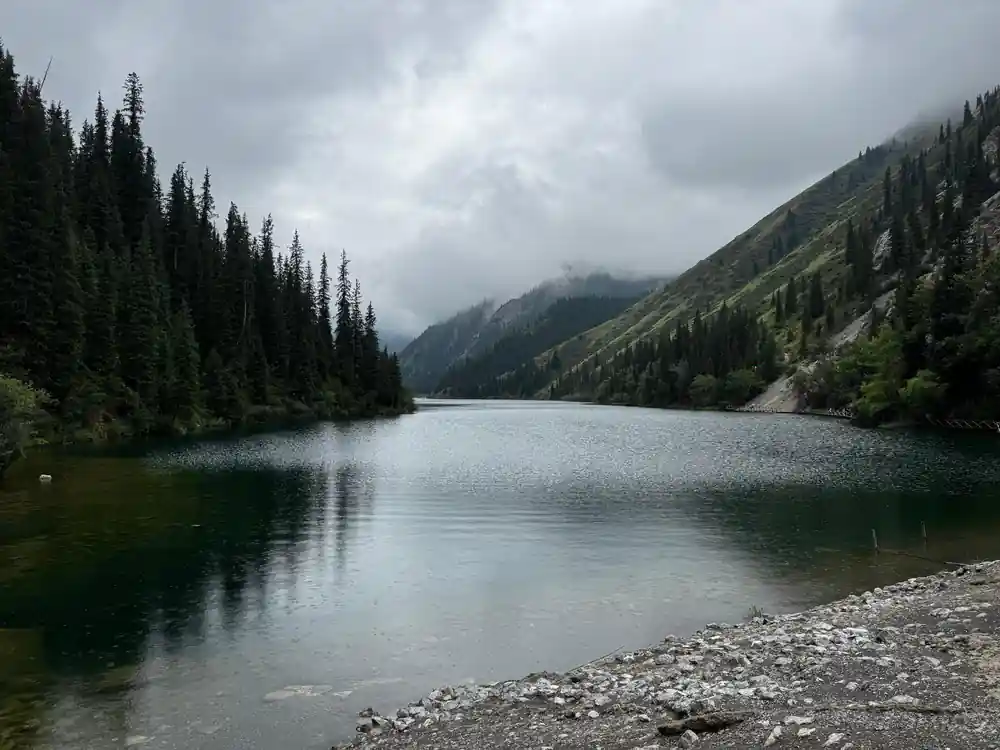 Mountain lake surrounded by dense coniferous forest and peaks
