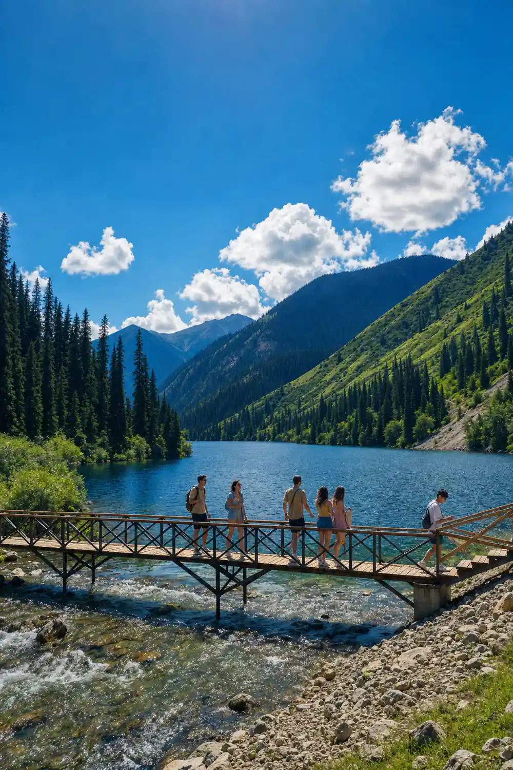 People standing on wooden bridge over turquoise mountain lake