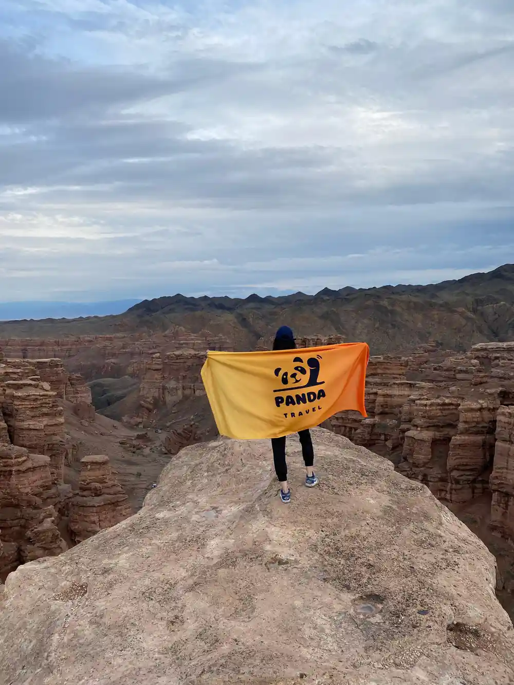Person holding Panda Trail flag on rocky outcrop above landscape
