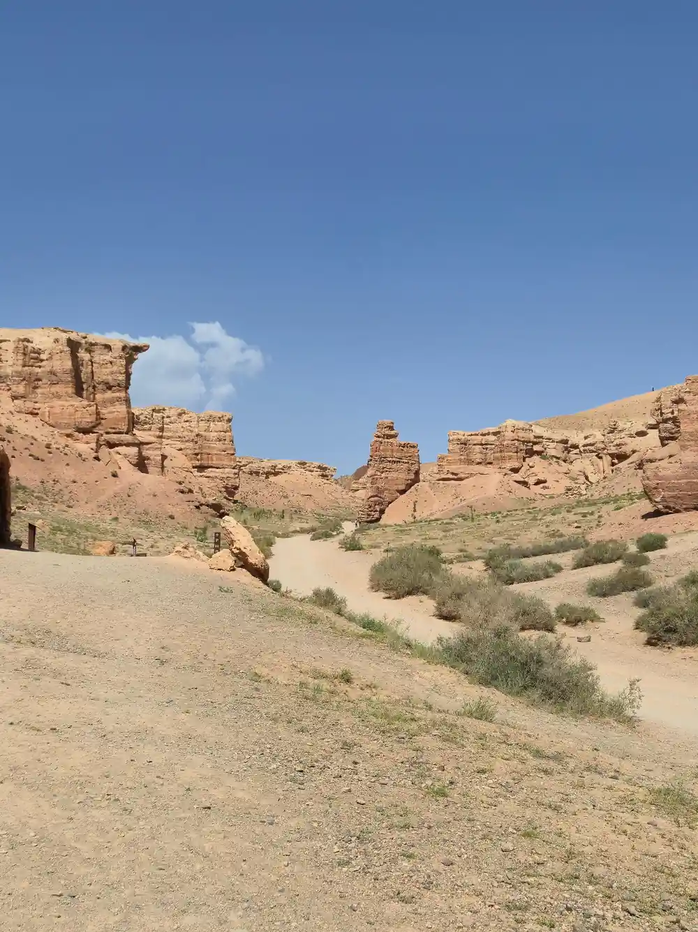 Rock formations in sandy canyon valley under clear sky